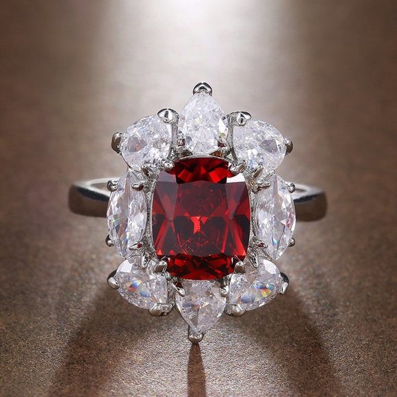 💍 Noble Shiny Flower Ruby Oval Zircon Luxury Rings for Women, PD627 - Picture 3 of 6